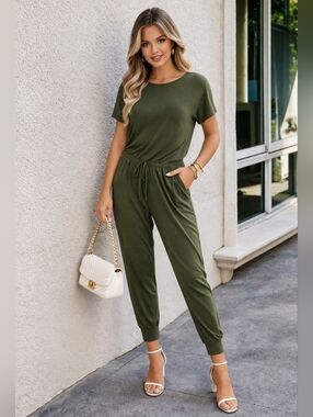 Army Green Casual Lounge Jumpsuit Women Elastic Waist Comfy Fit